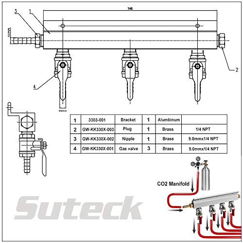 image for Suteck 3-Way Gas Manifold CO2 Distributor Manifold 5/16 inch Barb/Stem