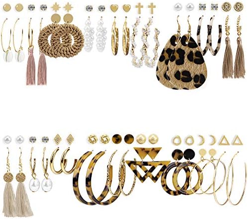 36 Pcs Fashion Jewelry Earrings Set with Pearl Stud Bohemian Tassel Acrylic Hoop Rattan Leather Drop Dangle Earring for Girls And Women, Birthday Party/Valentine/Christmas/Thanksgiving Gifts