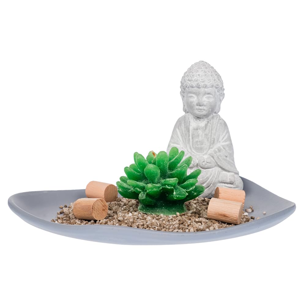 Invero Grey Sitting Buddha Ornament Statue Decoration Set Burner - Includes Tray, Décor Sand, Cactus Candle and Wooden Décor Sticks