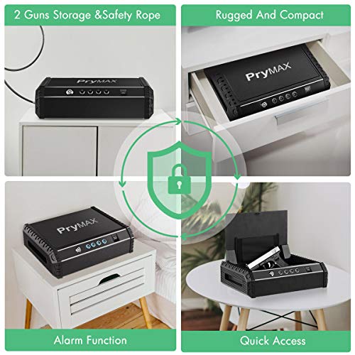 PRYMAX Biometric Gun Safe, Smart Pistol Safe with 4 Digits Code, Wall Mount Bracket, Quick Access with Auto-Open lid, 2 Handgun Capacity, Gun Cabinet for Home and Car Security