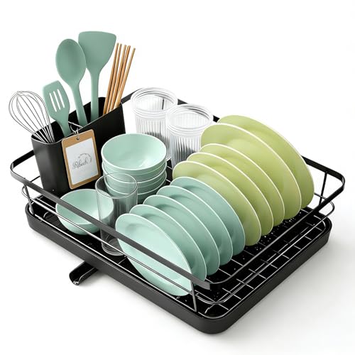 Ribech Compact Black Dish Drying Rack – Dries Tableware and Cutlery, Space Saving in Small Kitchens, with 360° Drain to the Sink, Stainless Steel, 30.5 x 38 x 12.5 cm