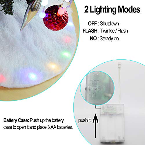 BIGOU Christmas Tree Skirt with LED Light, 30 Inch 2 Modes Snow White Luxury Faux Fur Tree Skirts Base Cover Floor Mat Christmas Lighting Decorations for Xmas Party Holiday Home Garden