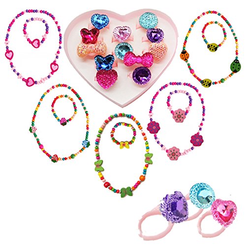 IDOXE 17pcs Value Set Little Girl Jewelry Set, Wood Stretch Necklace Bracelet Crystal Rings Heart Box - Thumbnail 7