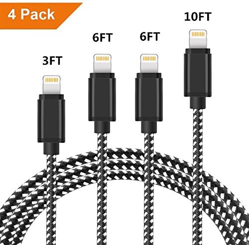 Lightning Cable, 4 Pack Lightning Cable [3FT 6FT 6FT 10FT] Nylon Braided Durable Lightning to USB Cable, Fast Charge and Data Sync Cord for iPhone X/8 Plus/8/7 Plus/7/6 Plus/6/6s Plus/6s/5/iPad