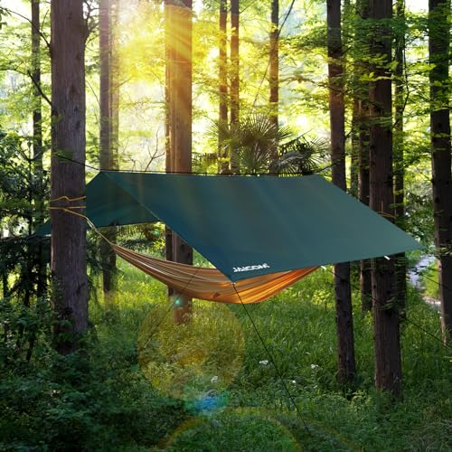 JAICOM Tarp Waterproof - 3 x 3 m / 4 m / 5 m Camping Tent Tarpaulin, Ultralight and Portable, UV Protection & Snow & Rain, with Eyelets, Nylon Ropes, Aluminium Pins, for Hammocks, Outdoor Activities, Patios