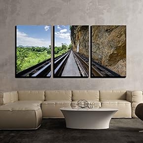 3 Piece Canvas Wall Art - Railway Bridge Tham Krasae Kanchanaburi, Thailand - Modern Home Art Stretched and Framed Ready to Hang - 16"x24"x3 Panels