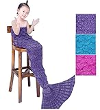 NOPTEG Kids Mermaid Sleeping Funny Blanket Crocheted Sofa Sleeping Bag Birthday Gift with Scale for Camping,Sleeping,Reading,Car Trip (Deep Purple)