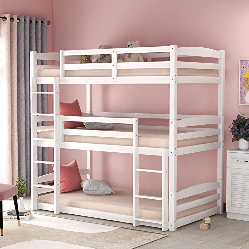 Triple Twin Bunk Bed for Kids Solid Wood Triple Bunk Bed Detachable 3
