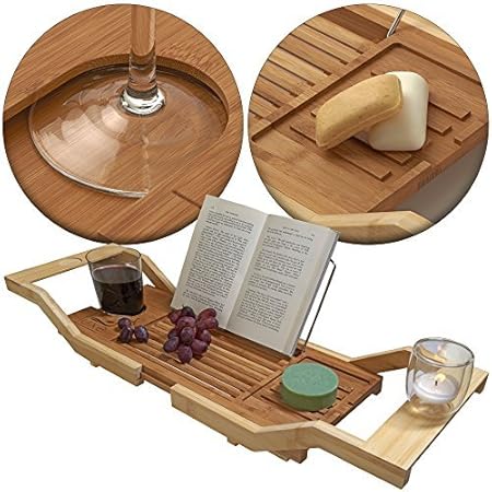 Luxe Bamboo Bathtub Caddy Tray with Book Reading Rack, Wine Glass Holder and Extending Sides