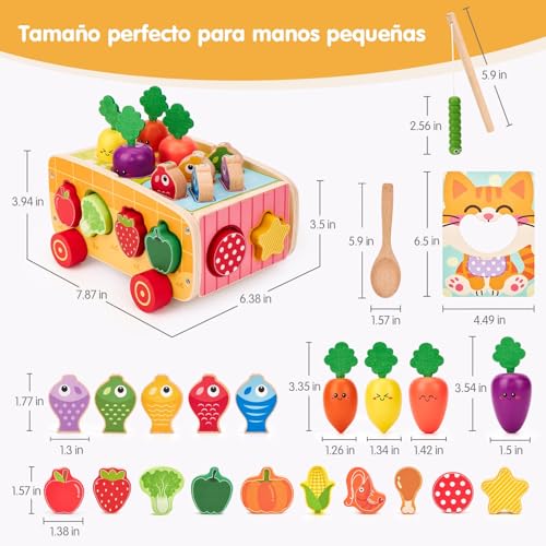 hahaland Montessori Toys 1 Year of Wood, 5 in 1 Educational Activities | Shape Sorting, Magnetic Fishing & Feeding Set, Carrot Harvest, Baby Gift 1-3 Years