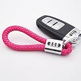 For Audi Logo Emblem Key Chain Key Ring Metal Alloy BV Style Calf Leather Gift Decoration Accessories (Hot Pink)