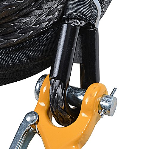 95' x 3/8" Synthetic Winch Rope Line Cable Heat Guard YELLOW Hook + 10" Anodized BLUE Hawse Fairlead + 254mm Flip-Up License Plate Holder Kit ATV UTV KFI Truck Recovery - Thumbnail 2