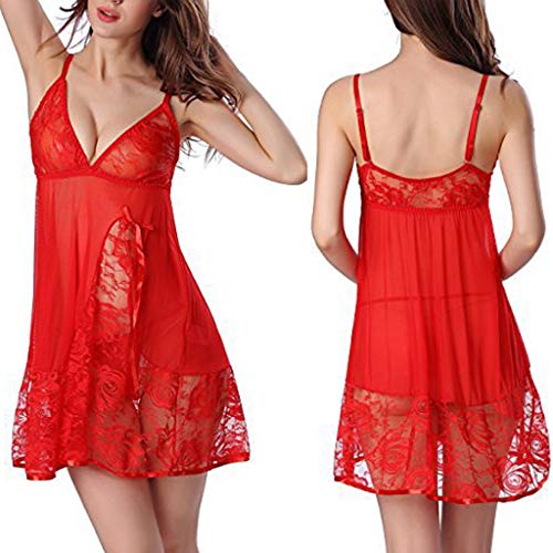 Fashion Women Sleepwear Dress, wodceeke Sexy Lace Sling Big Size Sexy Lingerie Nightdress Short Dress (S, Red)