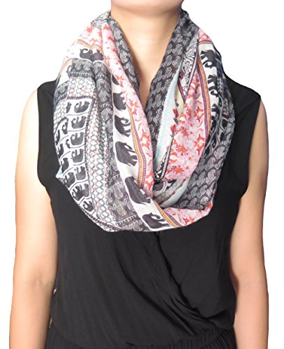 Lina & Lily Boho Elephant Print Women's Infinity Scarf Lightweight (White & Black & Red)