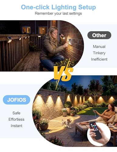 JOFIOS Fence Lights Solar Powered with Remote, 9 Fixed Colors 12 Modes, Solar Fence Lights Outdoor Waterproof, Warm/Cool White, RGB LED Deck Lights for Step/Yard/Railing/Balcony/Patio/Outside, 8 Pack
