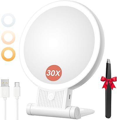 Auxmir Kosmetikspiegel mit Beleuchtung, 30X/1X Doppelseitig Schminkspiegel mit Licht, Dimmbar Tischspiegel, 3 Farblichter Handspiegel, 2000 mAh, Faltbar Vergrößerungsspiegel für Zuhause Reise Kosmetik