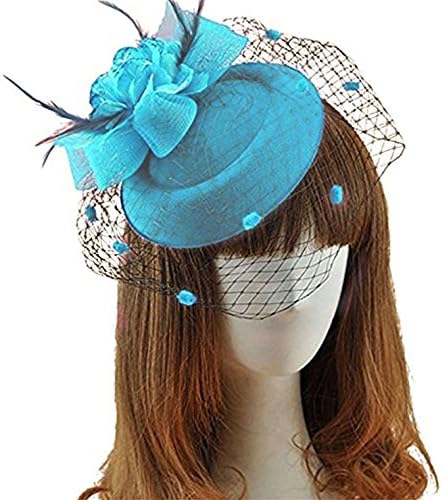 Wcysin Fascinators Hair Clip Headband Pillbox Hat Bowler Feather Flower Veil Wedding Party Hat (Blue)