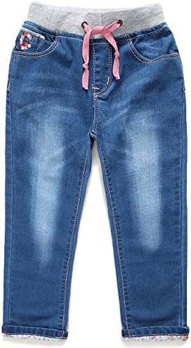 ROOVIRIDAR Little Girls' Jeans Kids Clothes Drawstring Waistband Denim Pants 1119 (4, Dark Blue)
