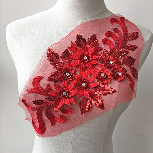 Exquisite 3D Flower Applique Beaded Sequined Crystal Floral Lace Patch Appliques Red Motif for Lyrical Dance Dress Craft Projects