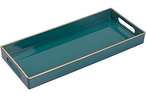 MAONAME Green Bathroom Tray, Plastic Vanity Tray, Countertop Tray, Gold Edged Decorative Tray with Handles, Perfume Organizer for Dresser, Bathroom Accessories, 13.8" x 6" x 1.57"