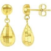 14k Yellow Gold Hammered Teardrop Dangle Water Drop Earrings, 7mm