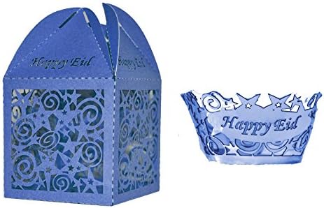 Zaffron Eid Party Favor and Cupcake Mini Boxes Blue Stars "Happy Eid" Boxes and Wrappers (10 pack of each)
