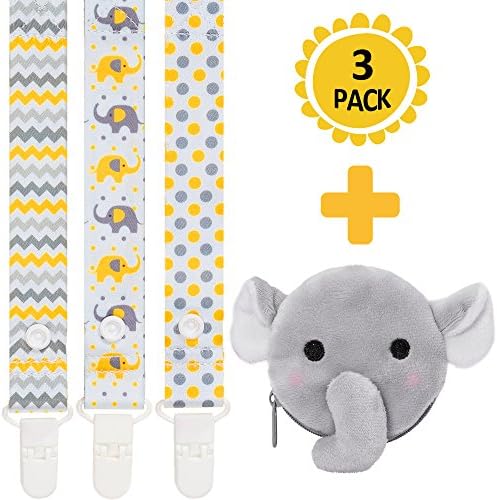4-in-1 Pacifier Clips+Antibacterial Pacifier Holder by Moskka-Set of 3 Universal Pacifier Clips&amp;Paciafier Pocket/Case Infant Teething Ring&amp;Toys Holder for Baby Boy And Girl-Baby Shower Gift-Elephant
