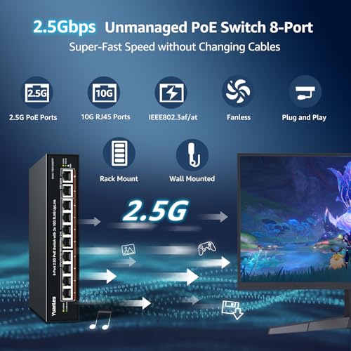 YuanLey 8 Ports Unmanaged 2.5G PoE Switch, 8 x 2.5G Base-T PoE Ports, 2 x RJ45 10G, 120W PoE Budget, Metal Enclosure Without Fan, 10 Port 2.5Gbe/10G PoE Ethernet Switch for NAS, PC Gaming, AP