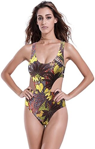 Reteron Women's Sexy High Cut Cutout One Piece Monokini Swimsuit Black Floral L