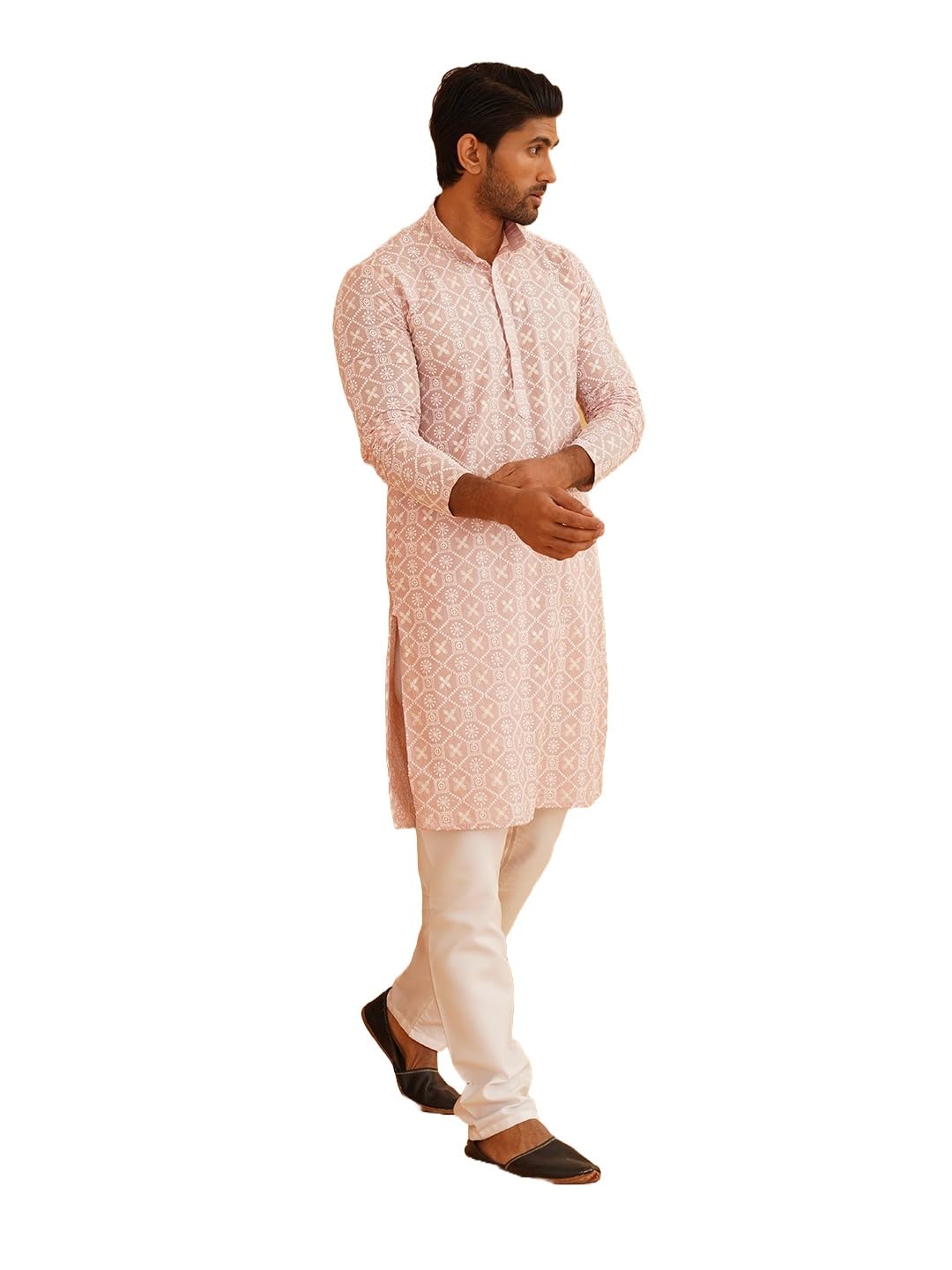 Photo 1 of Sojanya (Since 1958 Men'S Cotton Gold Sequence Embroidered Pink Kurta With White Churidaar Pyjama