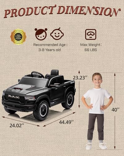 First Ride On 12v Licensed Ram 1500 Rho Kids Ride on Car, Ride on Toys w/Parent Remote Control, Electric Car for Kids with Smooth Start, Truck Bed Storage, 3 Point Safety Belt, Bluetooth(Black)