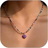JAVARNV Colorful Beaded Heart Necklace for Women Rainbow Beaded Choker White Yellow Pink Heart Pendant Boho Style