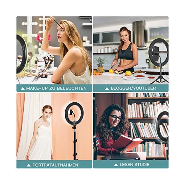 LED Ringlicht mit Stativ Handy, 10" Selfie Ringleuchte mit Fernbedienung und Doppel Handyhalter mit 3 Farbe&10 Helligkeitsstufen für YouTube TikTok Fotografie Live-Streaming [Tischstativ inklusive] – Bild 6