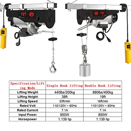 TYT 880 lb Electric Hoist, 110V Electric Hoist, Remote Control Electric