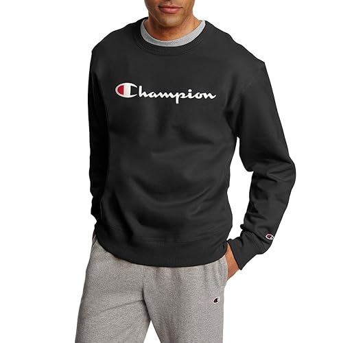 Champion Men's Crewneck Fleece Sweatshirt, Standard Fit, Midweight, Script Logo, Available in Regular and Big & Tall, Black - Classic Script Logo, Medium