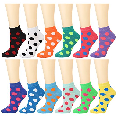 12-Pack Women's Ankle Socks Assorted Colors Size 9-11 (Polka Dot)