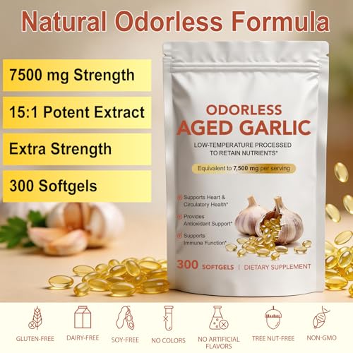 Odorless Aged Garlic Extract | Aged Garlic Extract Capsules | 300 Softgels | 15:1 Concentrated Formula Equivalent to 7,500mg Garlic | Supports Heart & Immune Health | Non-GMO, Gluten-Free
