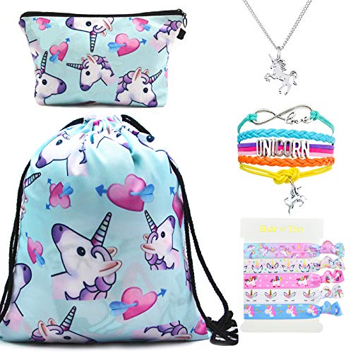 DRESHOW Unicorn Gifts for Girls Unicorn Drawstring Backpack/Make Up Bag/Necklace/Bracelet/Hair Ties Gift Sets for Party Christmas