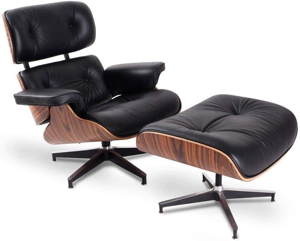 Mid Century Eames Lounge Chair with Ottoman, Palisander Walnut Wood, 100% Grain Italian Leather Living Room Recliner w/Heavy Duty Base Support (Black/Palisander)
