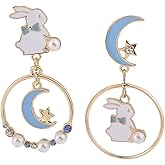 Asymmetric Rabbit Star Moon Earrings,Cute Bunny Pearl Crystal Drop Earring for Women Party Jewelry Gifts