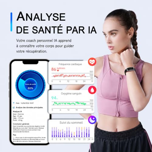 Moikmlih Fitness Tracker​, IP68 Bracelet Santé Connectée, Homme Femme | 160+ Sportifs, Rapport Santé l'IA, Surveillance 24h-Tension Artérielle/Fréquence Cardiaque/SpO2/Stress/Sommeil, APP Gratuite