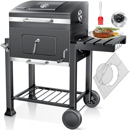 ® Grill Grillwagen BBQ Smoker XL Holzkohlegrill mit Deckel, Rädern, Edelstahl-Griff, Grillrost, Thermometer, & Silikon-Pinsel, Standgrill, Kohlegrillwagen