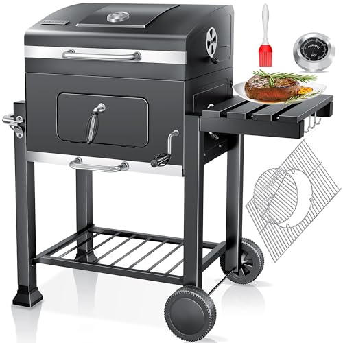 ® Grill Grillwagen BBQ Smoker XL Holzkohlegrill mit Deckel, Rädern, Edelstahl-Griff, Grillrost, Thermometer, & Silikon-Pinsel, Standgrill, Kohlegrillwagen