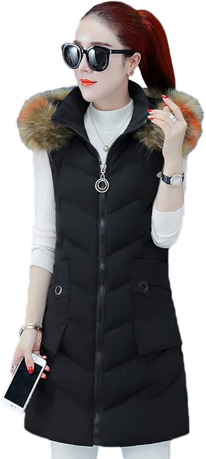 Women Long Gilet Faux Fur Hooded Quilted Vest Bodywarmer Zip Up