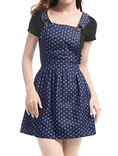 Allegra K Women Dots Pattern Denim Overall Dress M Dark Blue