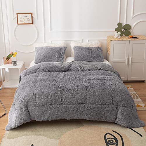 Smoofy Faux Fur Comforter Set Queen 3Pcs Shaggy Plush Velvet Comforter