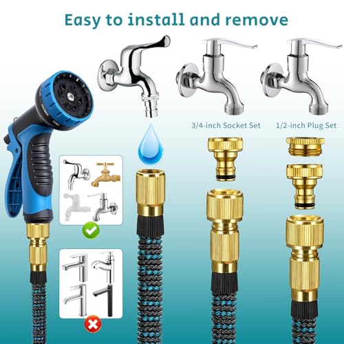 POP lina 15m Extendable Garden Water Hose with 1/2" and 3/4" Adapters with 10 Function Sprayer for Watering Irrigation Hose