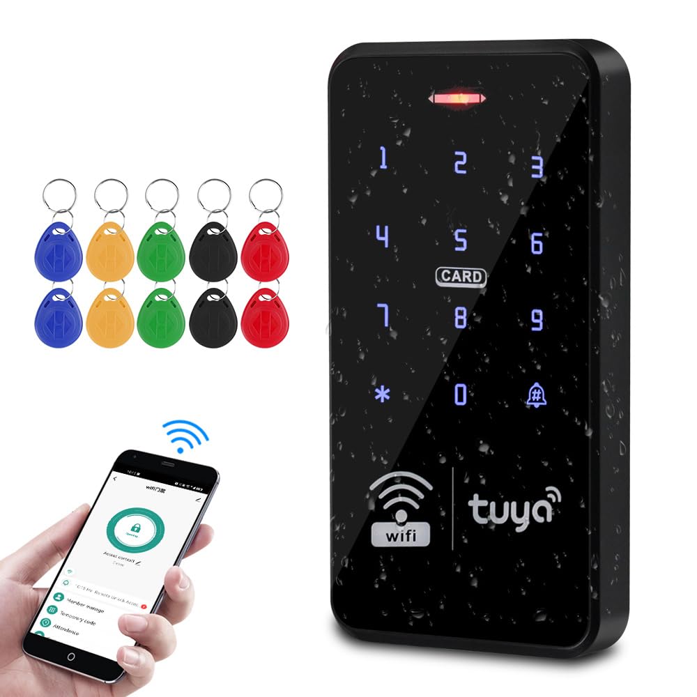 FUSYTULY WiFi Tuya Access Control Keypad IP68 Waterproof RFID Access Controller 125KHz 13.56MHz Dual Frequency Touch Keyboard System + 10pcs Keyfobs
