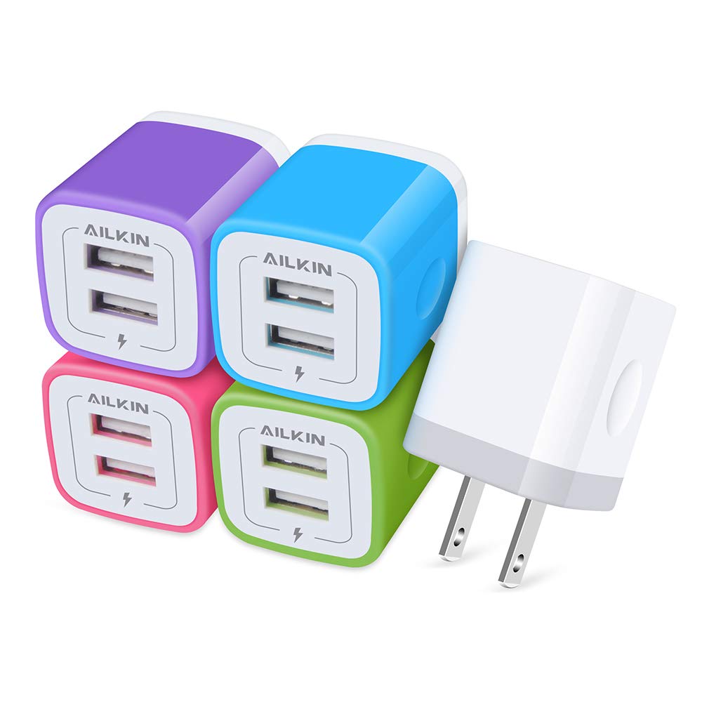 5Pack USB Wall Charger, Charger Adapter, AILKIN 2.1Amp Dual Port Quick Charge Plug Cube for iPhone 17/Air/16e/16/15/14/13/12/SE/11 Pro Max, Samsung Galaxy, Moto, Kindle Fire Charging Box Block