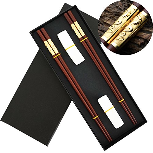 Chinese Dragon Chopsticks, Red Sandalwood, Reusable Classic Style, 2 Pairs Wooden Chopsticks with Holder and Case, Value Gift Set